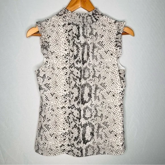 J. Crew Snakeskin-Print Mock-Neck Ruffle Neck/Sleeve Sleeveless Blouse. Size 0. - Picture 5 of 13